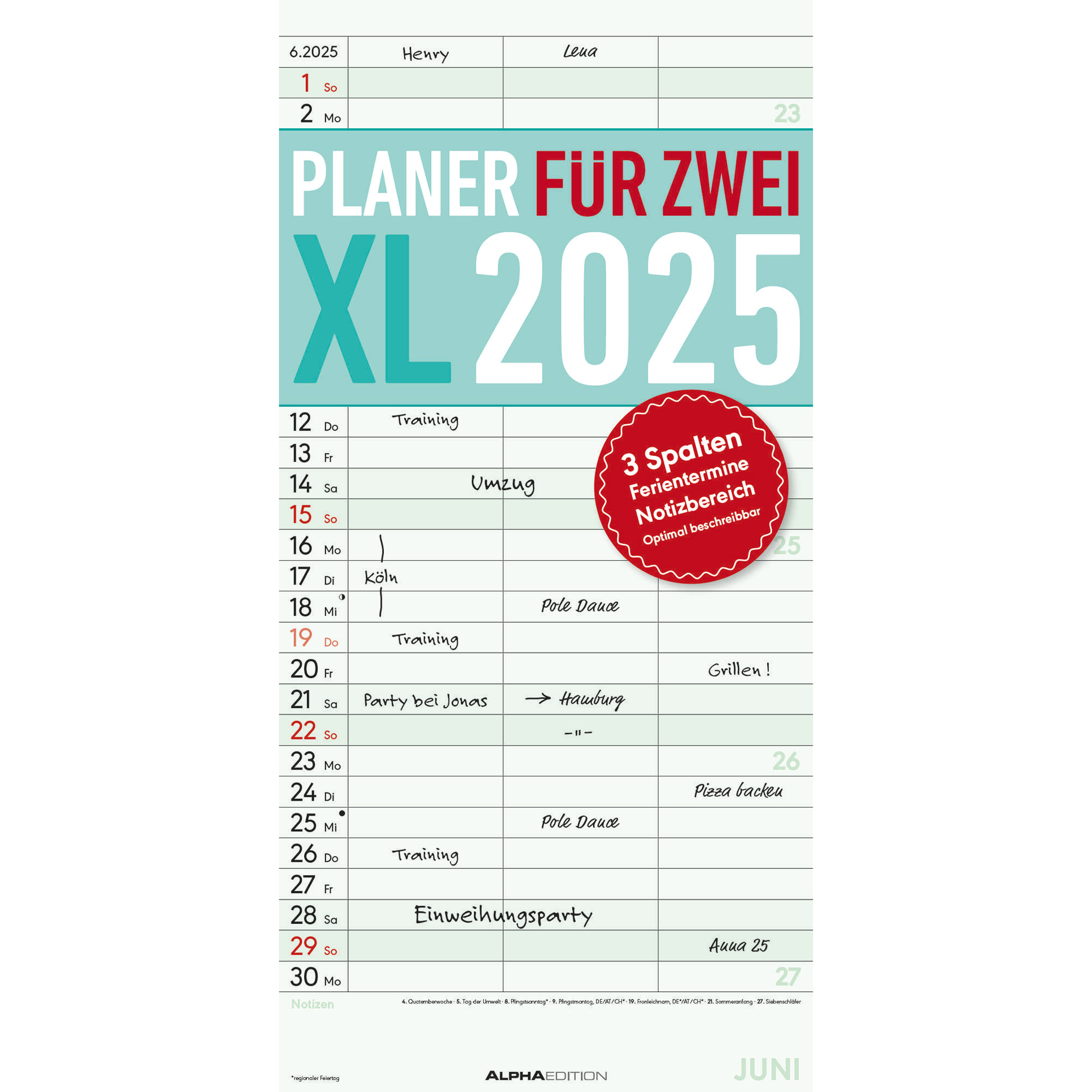 Familienplaner XL 2025 - mehrfarbig - 22x45 cm