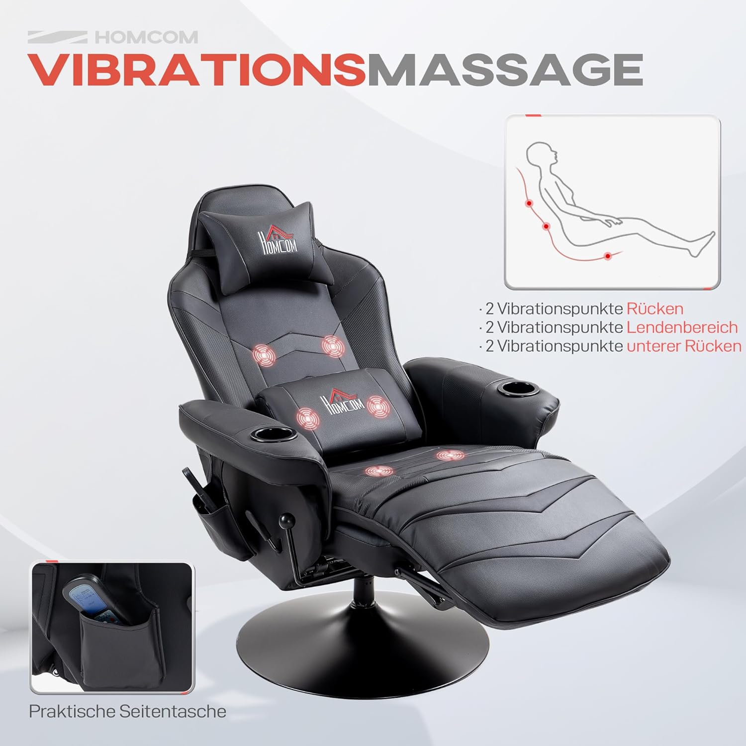 HOMCOM Relaxsessel Elektrisch Fernsehsessel Massagesessel mit Liegefunktion Massage 360° Drehbarer TV Sessel mit Fernbedienung, Becherhalter Seitentasche, für Wohnzimmer Kunstleder Schwarz