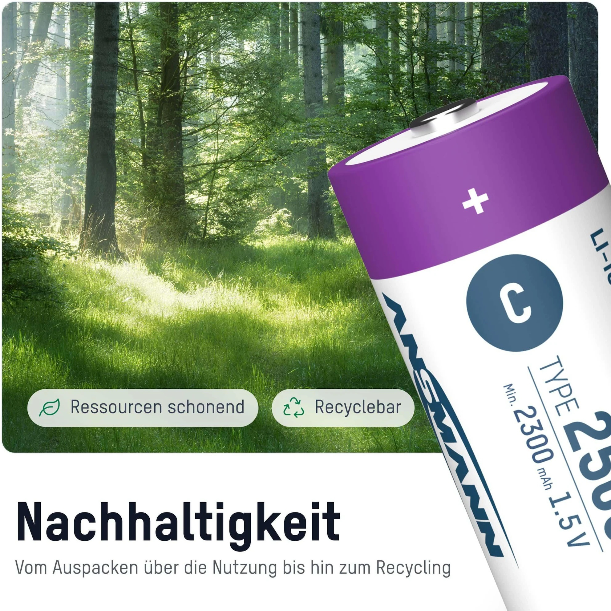 (2er Set) 2500mAh Wiederaufladbarer LR14 Lithium Ionen Akku USB C Baby Batterie (1313-0004)