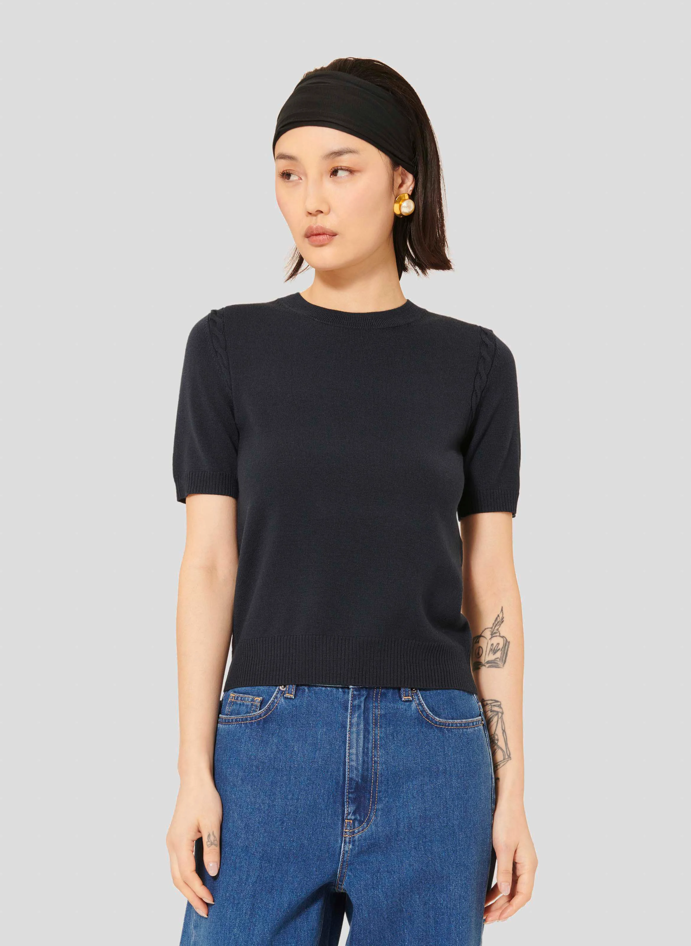 PICA - Pull manches courtes en laine| Bleu