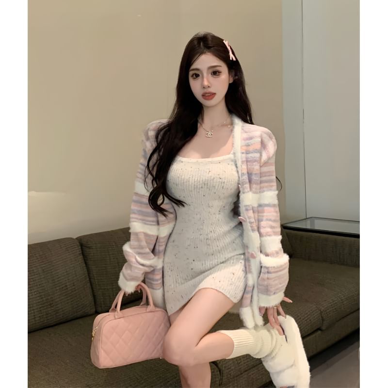 Letme - Gestreept hartknoopcardigan / Spaghettibandjes geribbelde mini-bodycon gebreide jurk