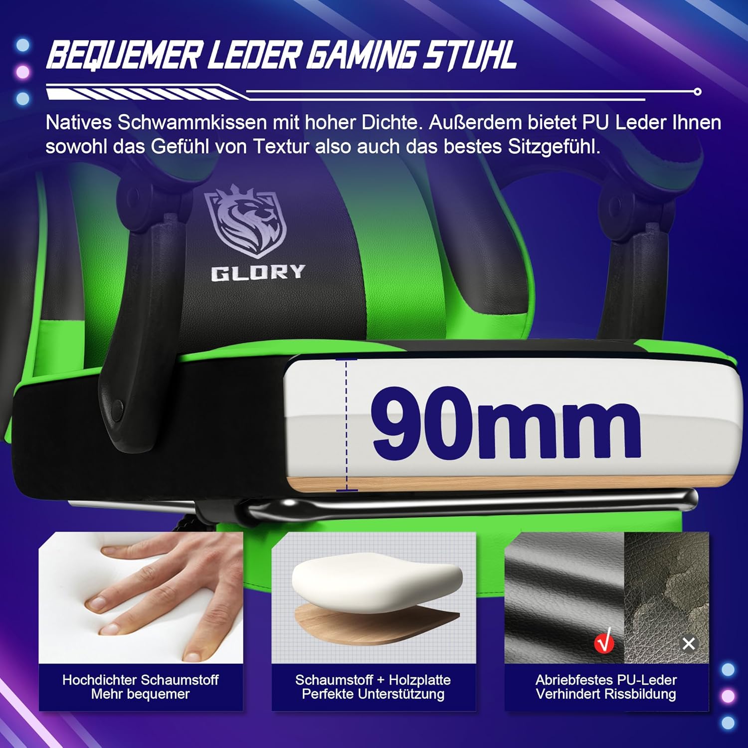 Gaming Stuhl Ergonomischer mit Fußstütze, Gaming Chair Bürostuhl 150 kg Belastbarkeit, Gamer Stuhl aus Kunstleder, Höhenverstellbarer PC Zockerstuhl für Jugendliche Erwachsene, Grün