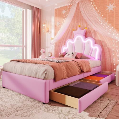 Gestoffeerd Bed - Roze - Prinsessenbed - 90 x 200 cm - Met 2 Laden - Verstelbaar Hoofdeinde