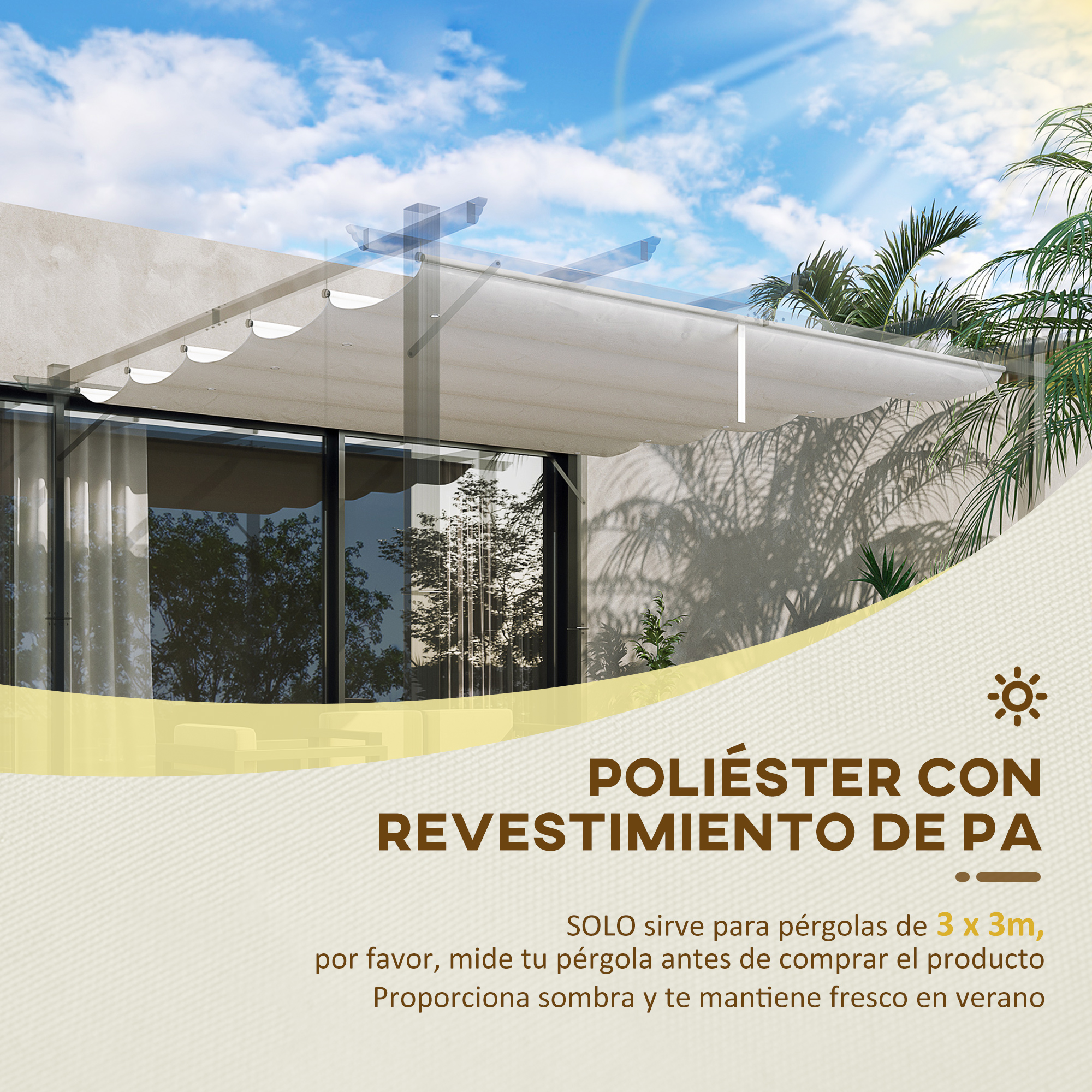 Cobertura retrátil Outsunny para pérgola, 2,5 x 2,55 m, para guarda-sol, toldo de tecido para gazebo de jardim com 10 orifícios de drenagem, cor creme.