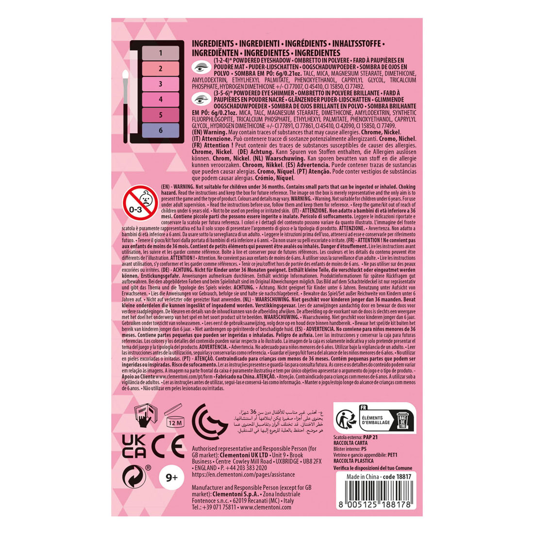 Clementoni Crazy Chic Oogschaduwpalet Pink Power, 6 Kleuren