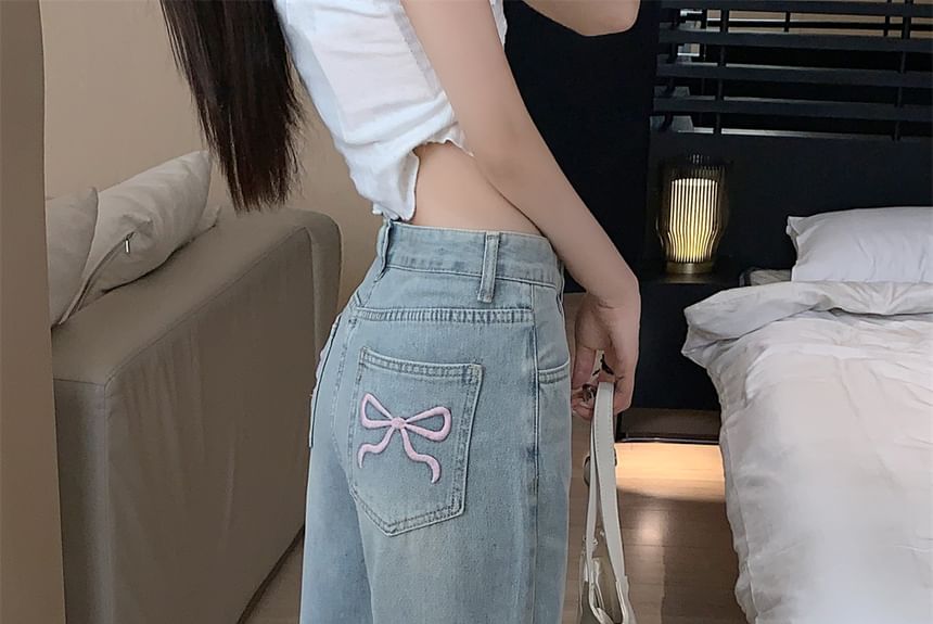 OUREA - Mid Rise Bow Washed Wide Leg Jeans