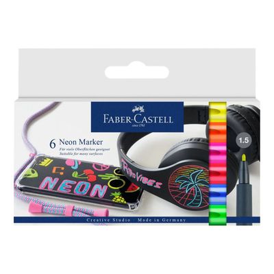 Faber-Castell - 6 Marqueurs toutes surfaces - couleurs néons assorties