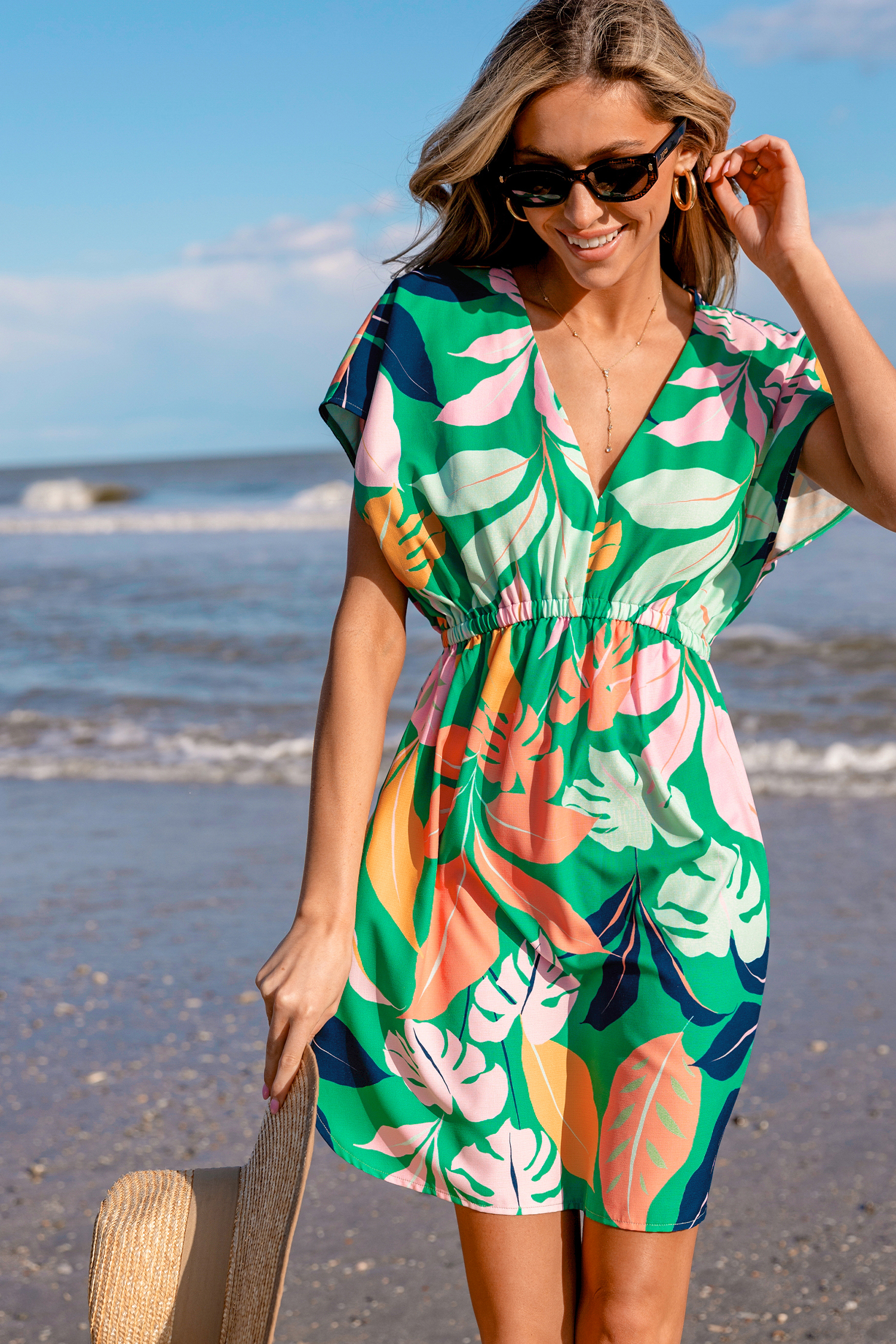 Robe cover up mini à manches courtes verte