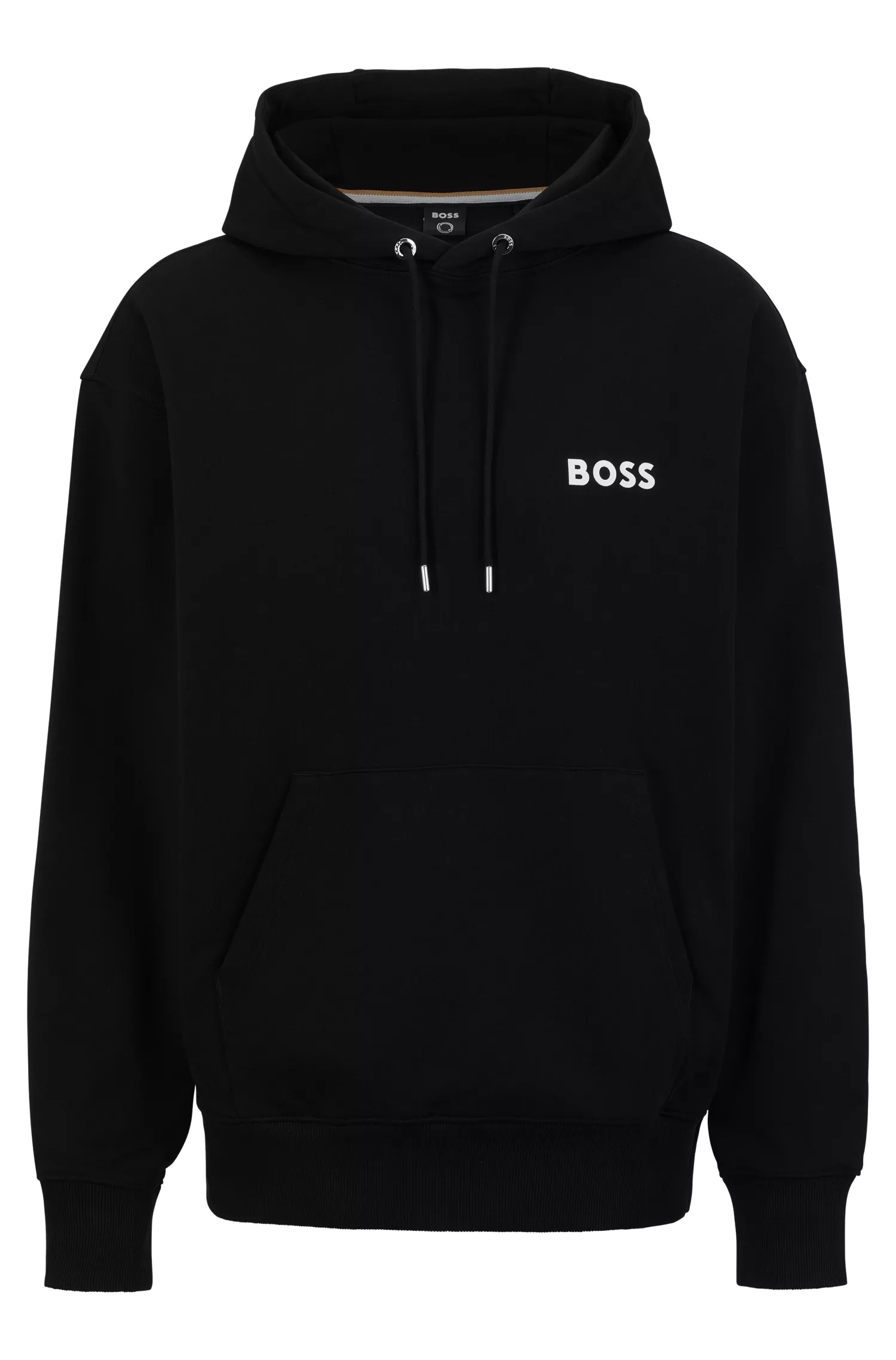 Moletom BOSS preto, modelagem oversized, em algodão felpudo com logo contrastante.