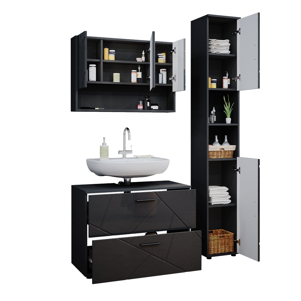 Vicco Badmöbelset Irma Anthrazit Hochglanz modern 80 cm 30 cm Badezimmerschrank Badschrank Badezimmermöbel Waschtischunterschrank Spiegelschrank Hochschrank Schranktür Schrankfach Schrankschublade