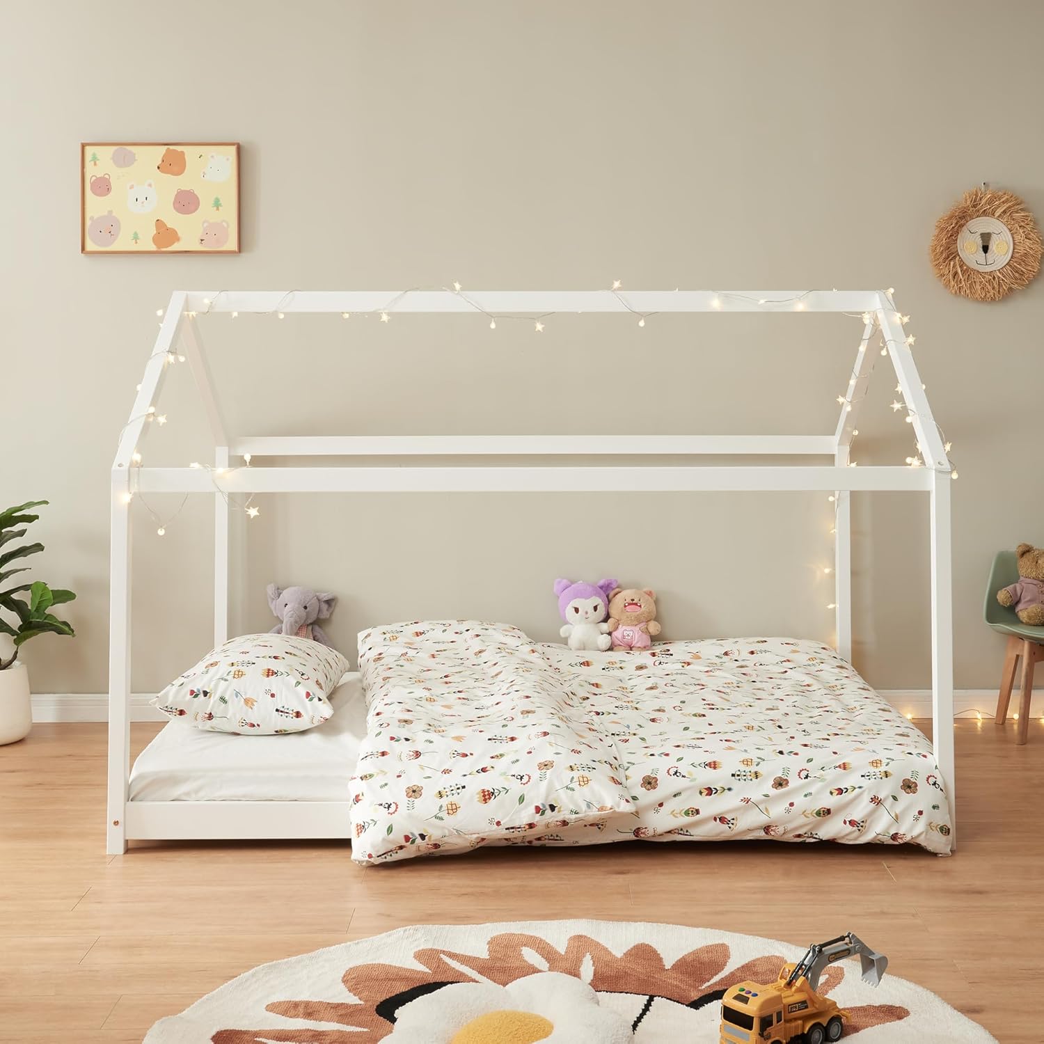 [en.casa] Kinderbett Cerro Hausbett Jugendbett Bettenhaus mit Lattenrost Montessori Bett aus massiver Kiefer Bettgestell 140x200cm Weiß