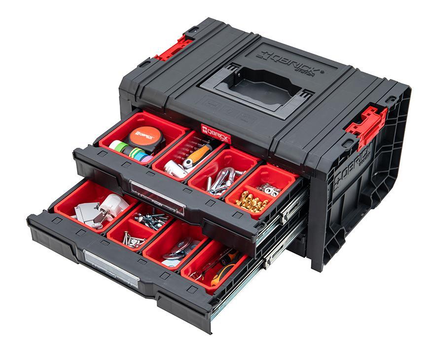 PROREGAL QBRICK Toolbox Pro Gereedschapskist met 3 laden, HxB 24,5 x 32 cm, met deksel & telescopische handgrepen, met klemsloten, zwart