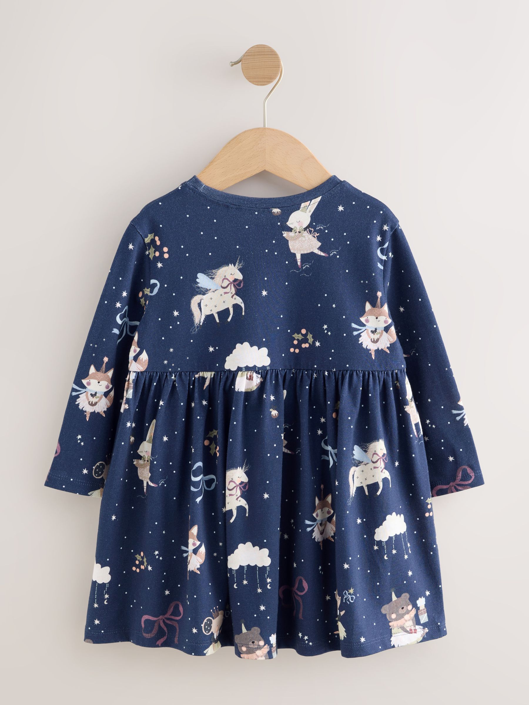 Marineblauw met figuurtjes - Kerstjurk met lange mouwen (3mnd-7jr)