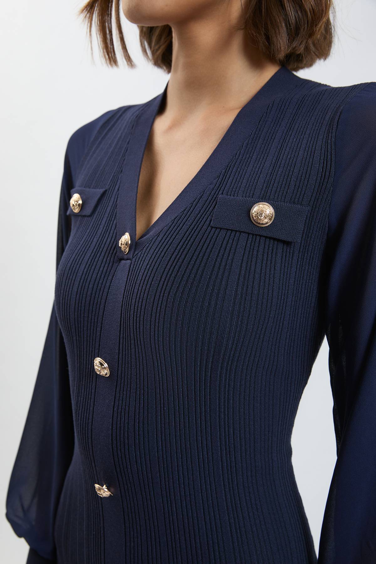 KarenMillen Robe Mi-Longue en Maille Côtelée Mélange Viscose à Manches en Mousseline