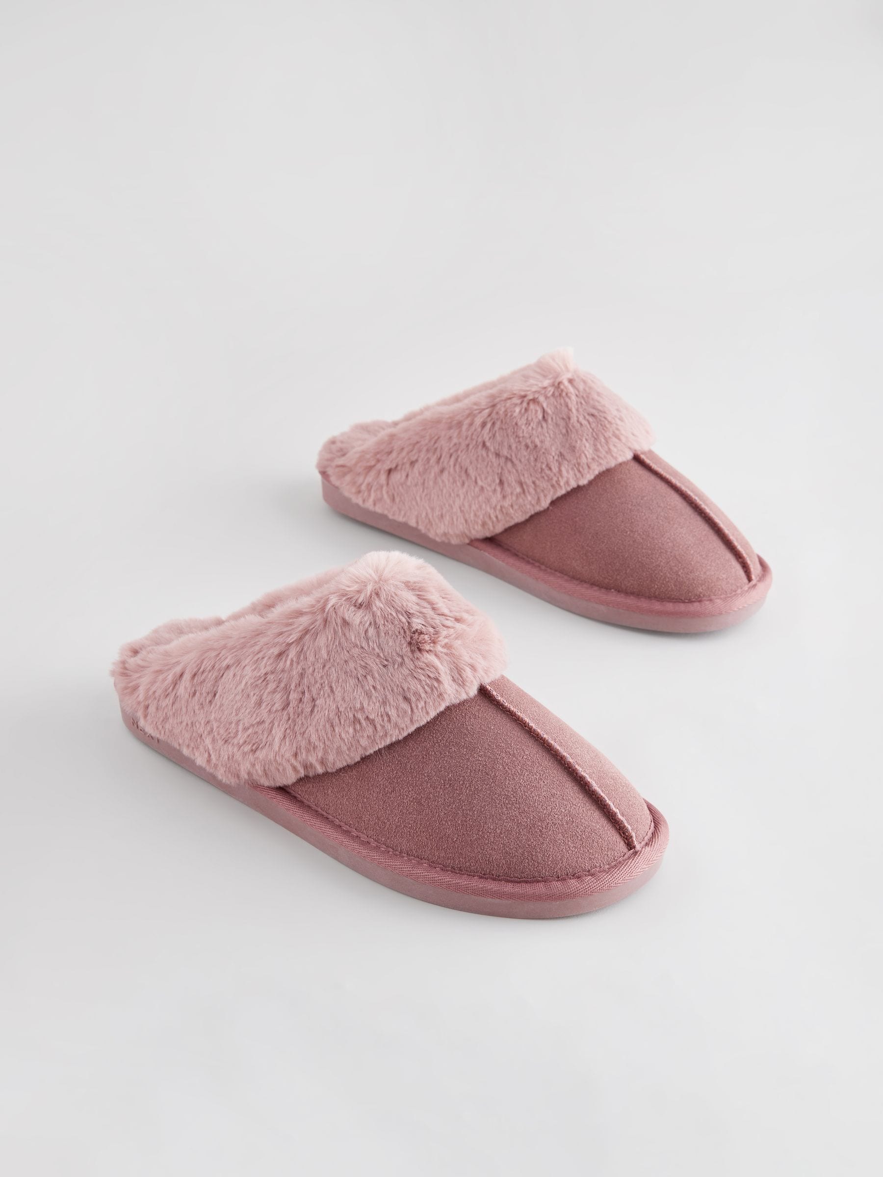 Mink roze - Met imitatiebont gevoerde suède pantoffelmuiltjes