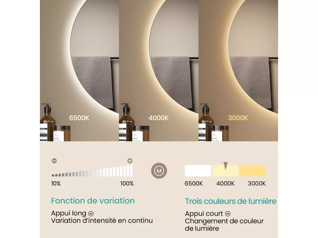 EMKE Miroir lumineux salle de bain rond diamètre 60cm, Miroir LED rétro-éclairage avec Interrupteur Tactile, Anti-buée, Blanche Froide/Neutre/Chaude
