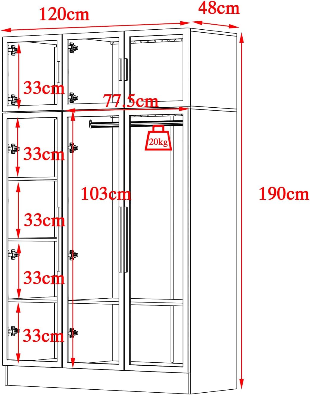 Caldion Kleiderschrank mit 3 LED-Beleuchtung, Glasschrank mit Kleiderstange, Aufbewahrungsschrank aus Hartglas, Glasvitrine mit 6 Türen, 8 Ablagen, Türrahmen aus Eisen, Schwarz, 120x48x190cm