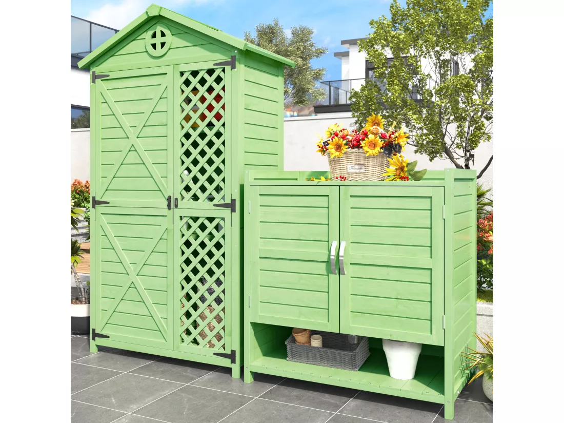 Ensemble Abri de jardin + armoire de jardin en bois massif - toit pente résistant aux intempéries - Gris