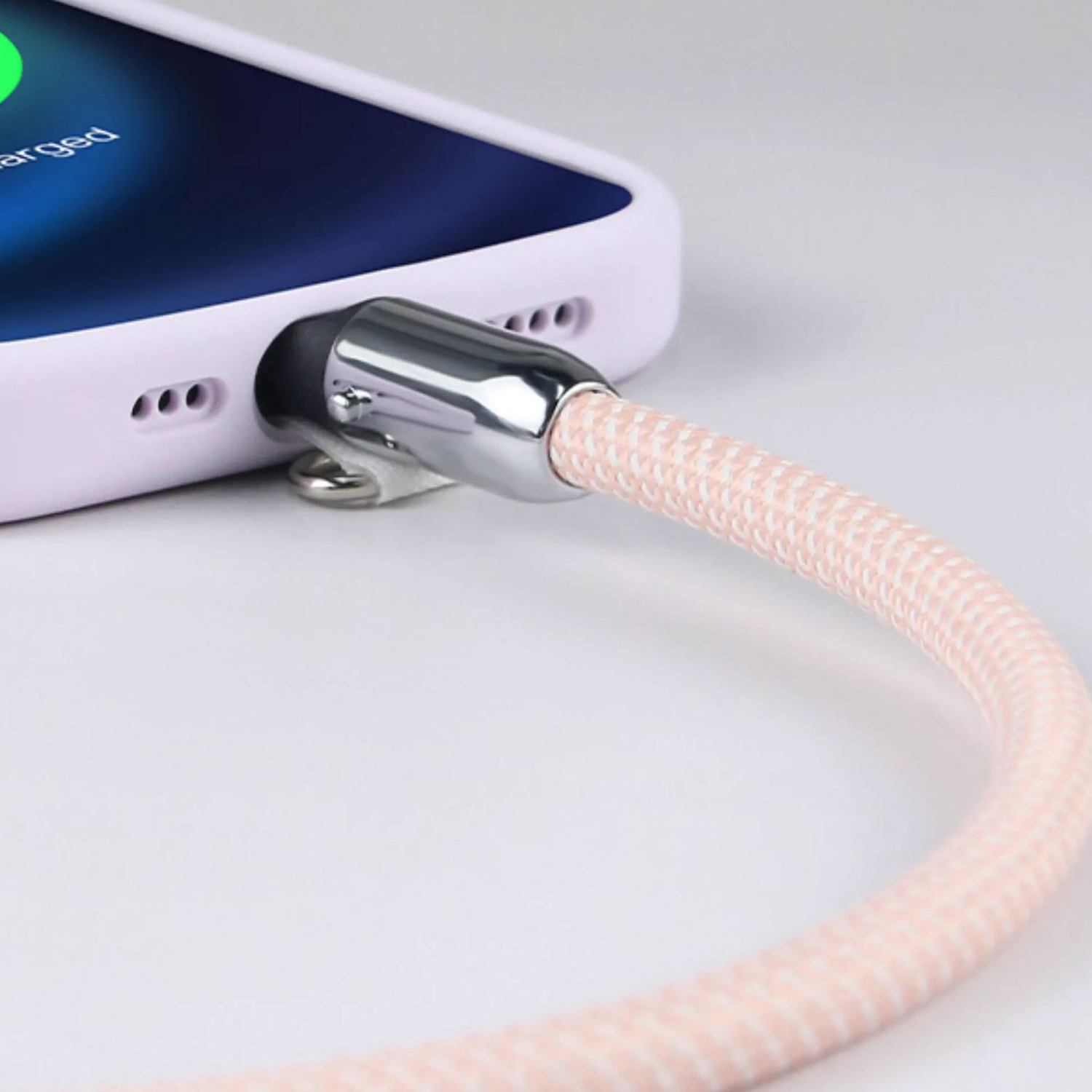 (30cm) 60W 2in1 USB C auf USB C Ladekabel Datenkabel Handy Kette Phone Charms Anhänger Handgelenkschlaufe mit Universal Einlage - Rosa