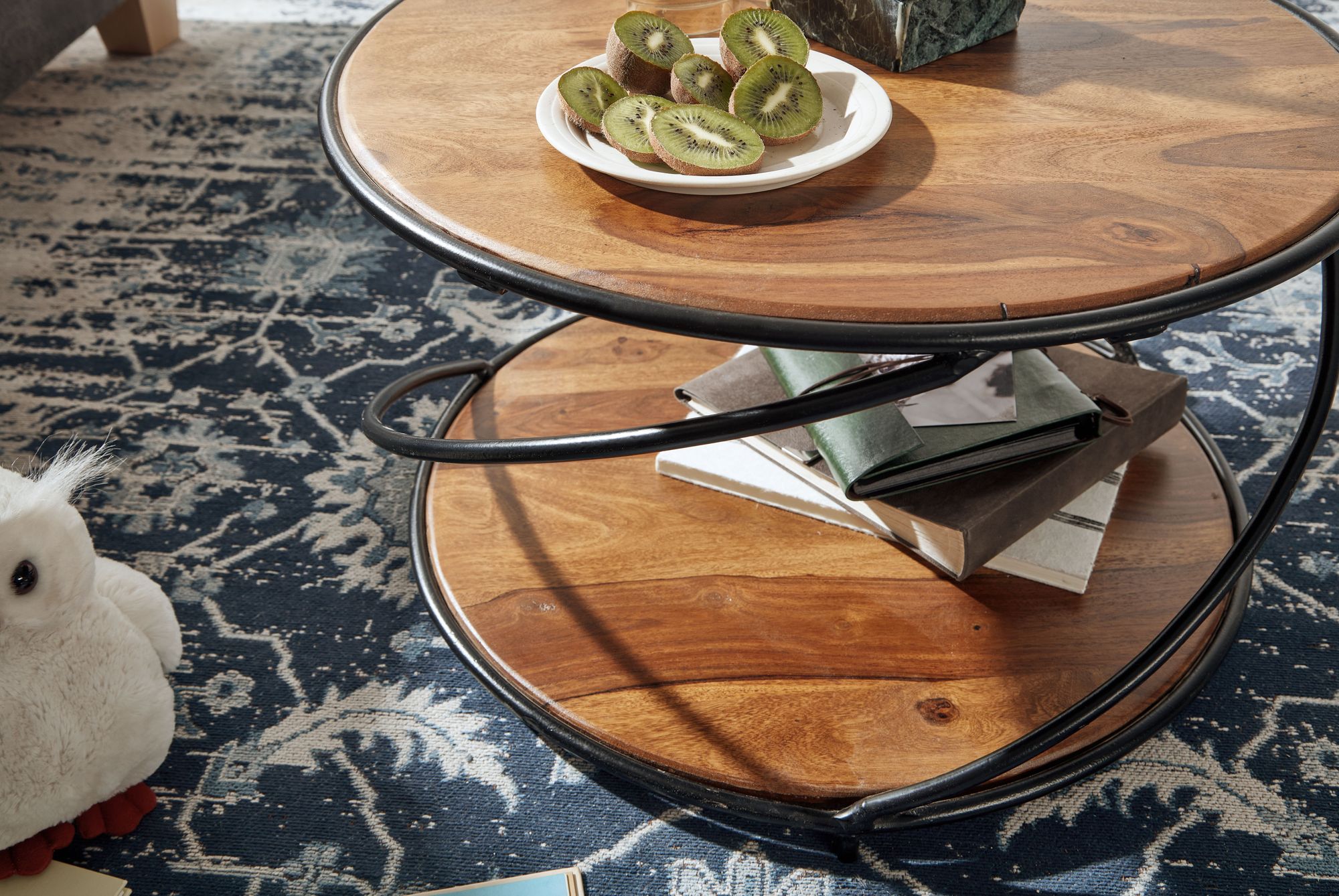 KADIMA DESIGN Couchtisch aus Sheesham Massivholz und Edelstahl, Schwarz/Braun, 2 Ablageflächen