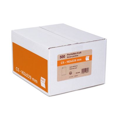 GPV - 500 Pochettes Enveloppes C5 162 x 229 mm - 90 gr - sans fenêtre - kraft - bande adhésive