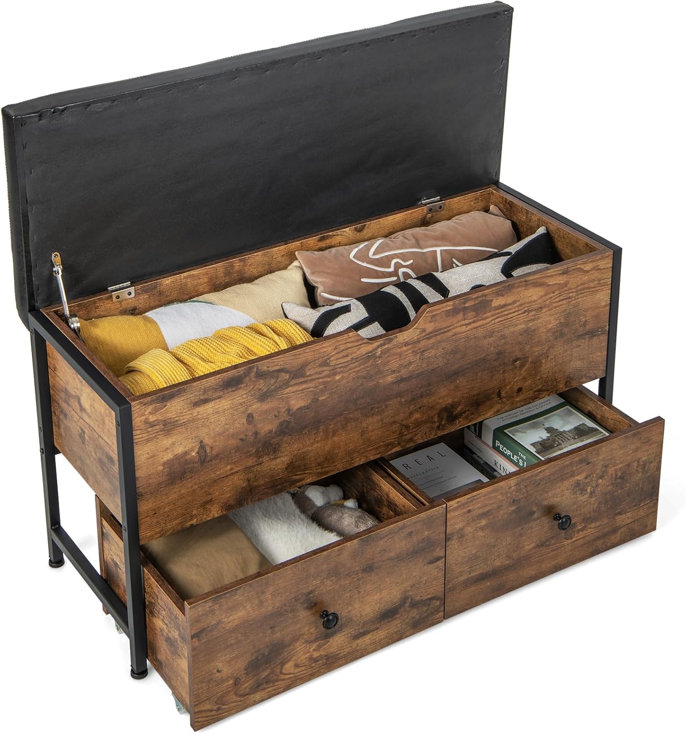 HOMASIS Sitzbank mit Stauraum, Schuhbank mit gepolstert Sitzfläche, Sitztruhe mit 2 Schubladen, aufklappbar Schuschrank mit verstellbaren Fußstützen, Betttruhe Vintage, 150kg belastbar, 101x41x58cm