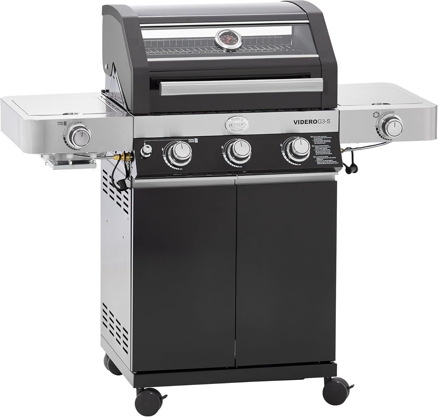 RÖSLE Gasgrill BBQ-Station VIDERO G3-S Schwarz, Grill mit 3 Edelstahlbrennern, extra Primezone und Seitenbrenner, klappbare Seitentische, VARIO+, pulverbeschichteter Stahl