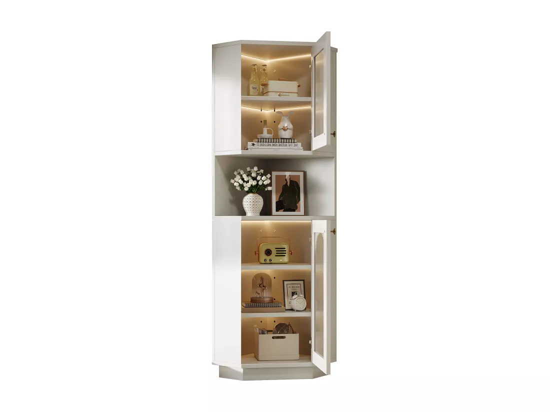 Colonne d'angle de salle de bain - 2 portes et 1 niche de rangement - 45x 45 x 166,5 cm - LEDs - MDF - Blanc