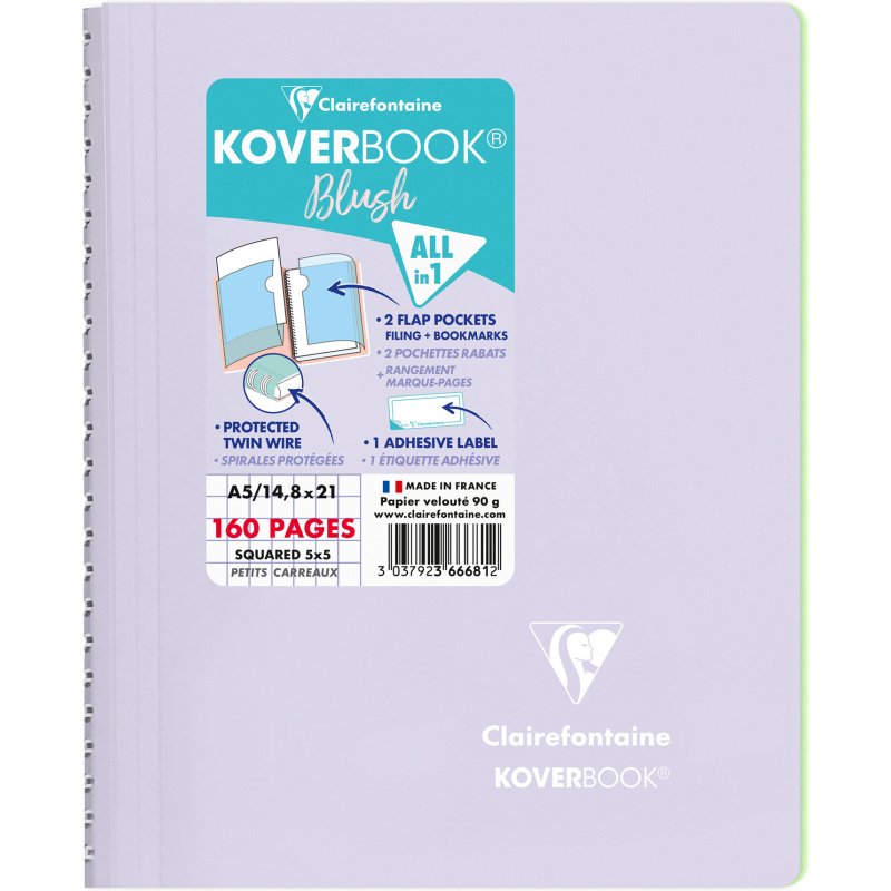 Cahier spirale Clairefontaine Koverbook Blush A5 14,8 x 21 cm petits carreaux 160 pages