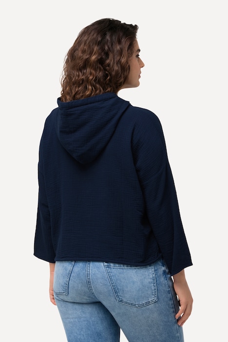 Bluse, Musselin, Kapuze, Oversized, 3/4-Arm