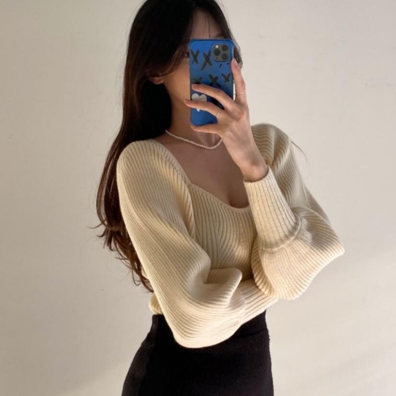 Brigitte - Lange mouwen ronde hals effen geribbelde slim-fit gebreide top