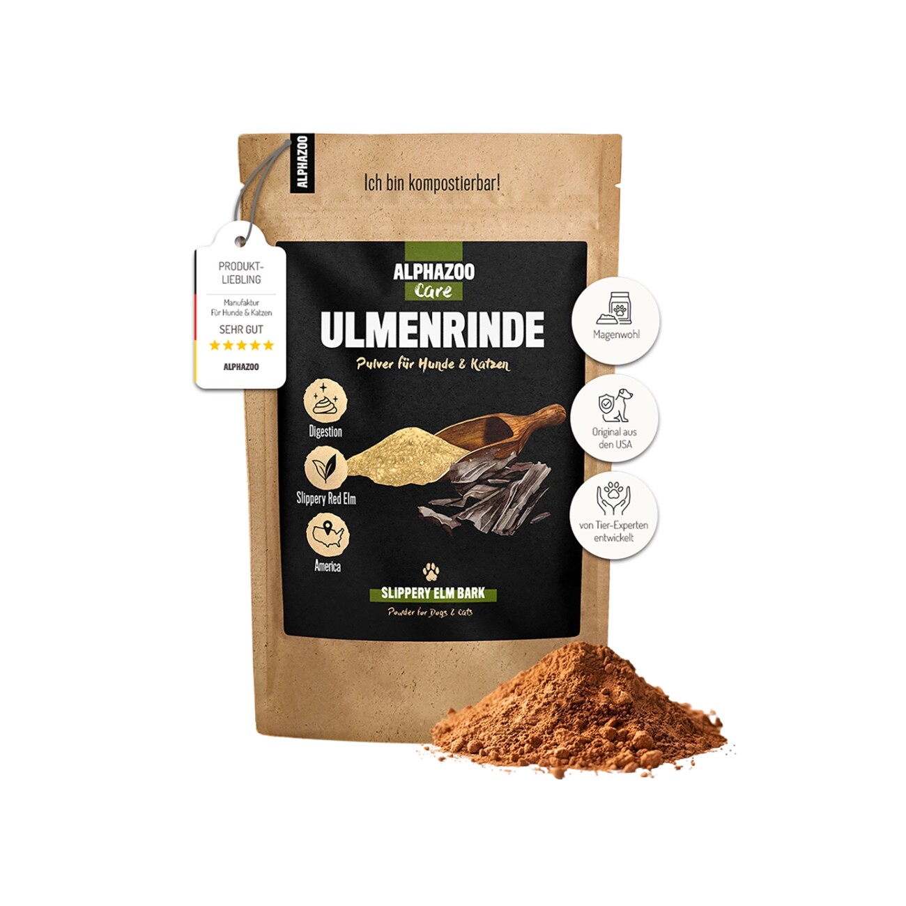 ALPHAZOO Ulmenrinde Pulver für Hunde & Katzen I Amerikanische Slippery Elm Bark 120 g