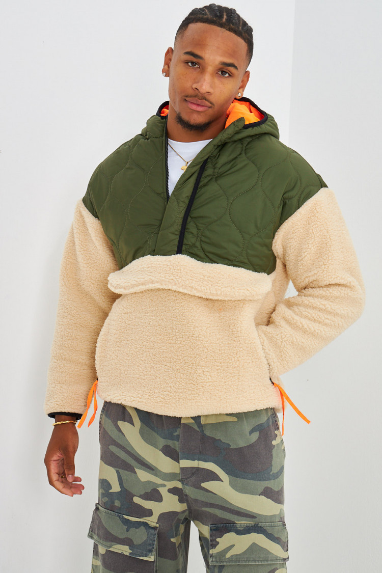 Sweat bi-matière en peau de moutons kaki/beige