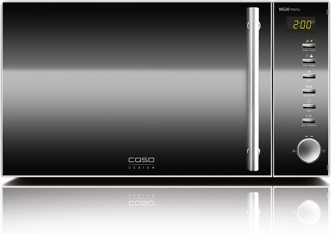 Caso | MG20 menu 2-in-1 Mikrowelle mit Grill | 800 W, Grill 1000W, 2 Kombiprogramme + 14 Koch-Programme, Design Edelstahl und verspiegelt ,20L,Edelstahl