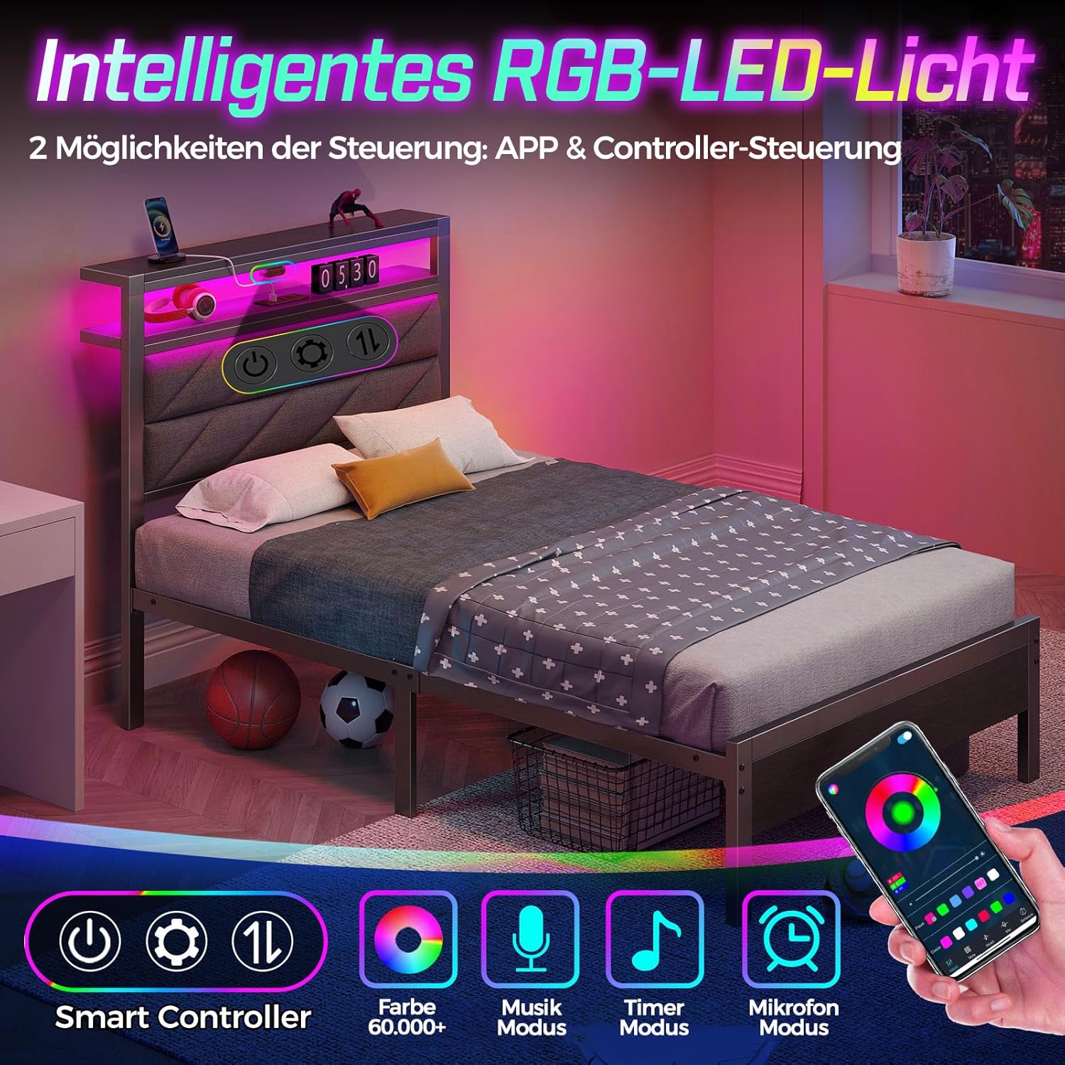 Seventable Bett 90x200 mit LED, Ladestation (2 USB-Anschlüsse & 1 Typ-C-Anschluss), Metallbett mit Gepolstertem Kopfteil & Stauraum, perfekt für Kinderzimmer, Jugendzimmer WO9866301