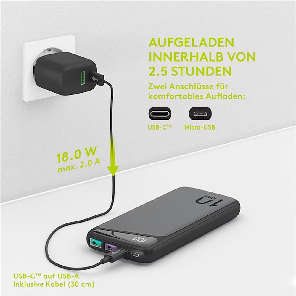 10000mAh Dual USB / USB C / Micro USB Powerbank PD QC Ladegerät   LED Anzeige - Schwarz