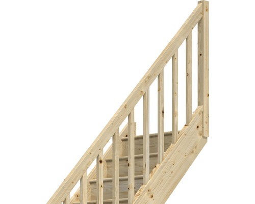 Pertura Elenie trapboom, massief sparrenhout met stootborden, onbehandeld, kwartslag, rechtsonder, 83,5 cm, 16 treden / 17 stootborden, balustrade