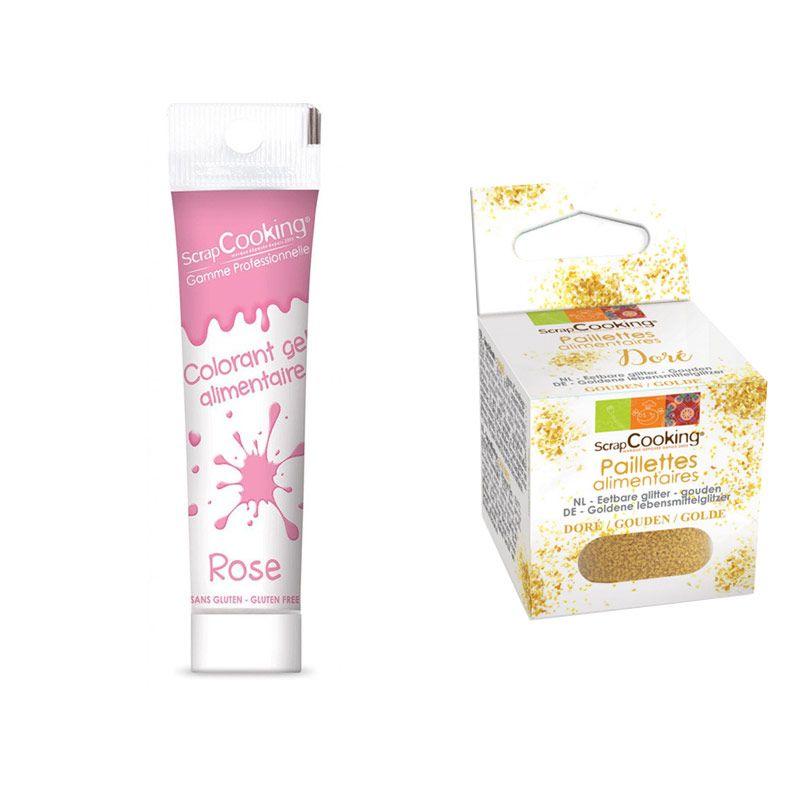 Gel colorant alimentaire rose + paillettes dorées Scrapcooking