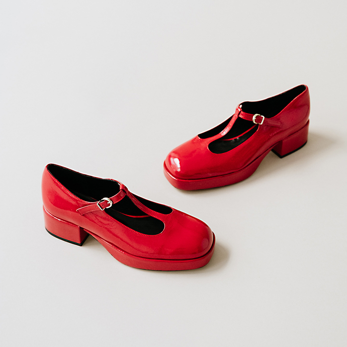 Salomés à petits talons et semelles épai...  en vernis plissé rouge