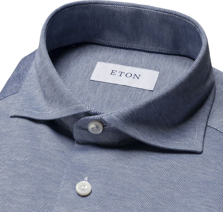 ETON Slim Fit Mid Blue Solid Filo Di Scozia Pique Shirt Blå