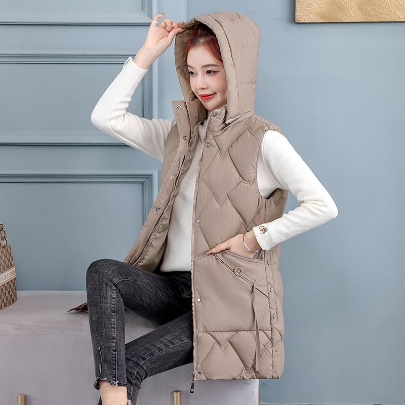 Quolove - Gewatteerd lang vest met capuchon en rits