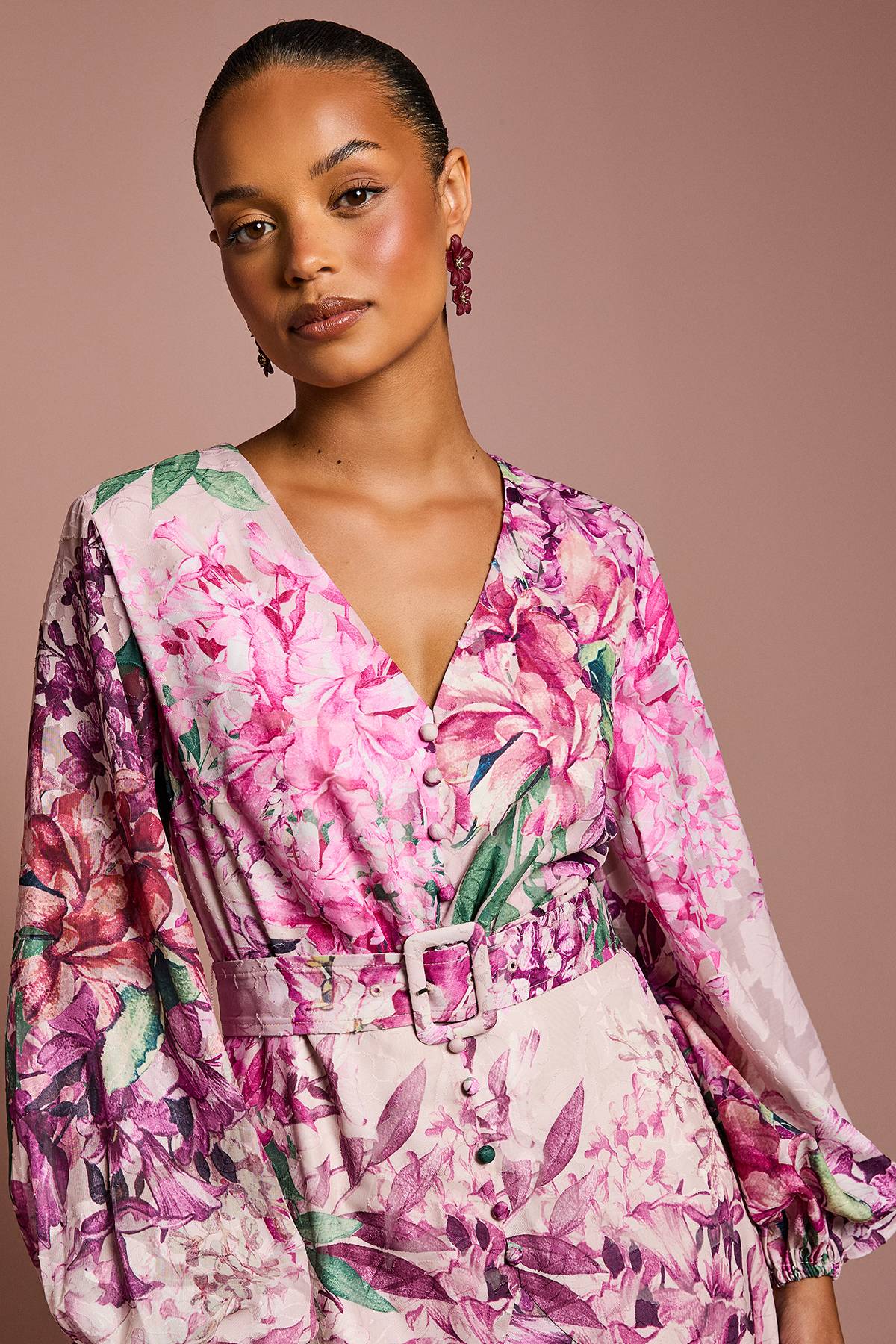 Coast Robe Mi-Longue en Mousseline à Manches Longues avec Ceinture - Taille Petite