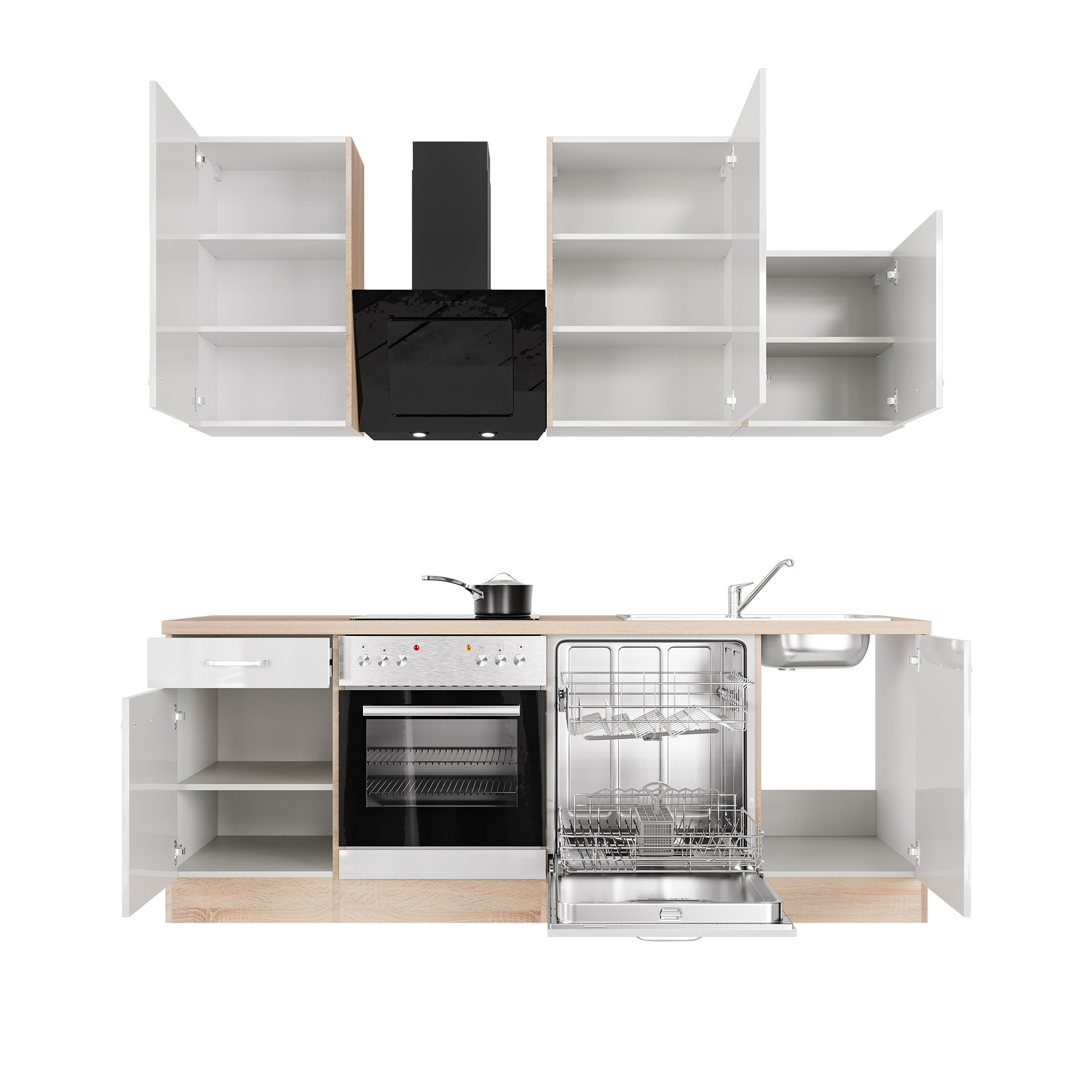 Küchenblock VALERO - weiß Hochglanz - Sonoma Eiche - mit E-Geräten - 220 cm