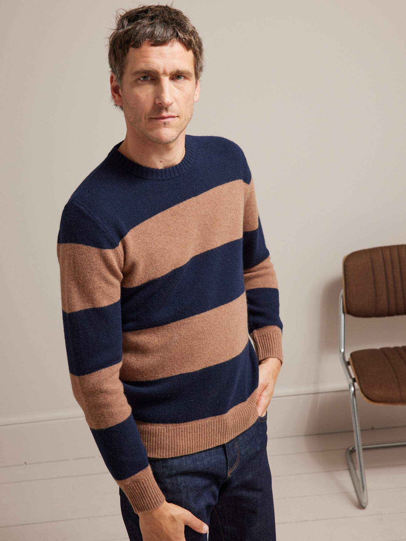 Pull col rond rayé laine mérinos homme