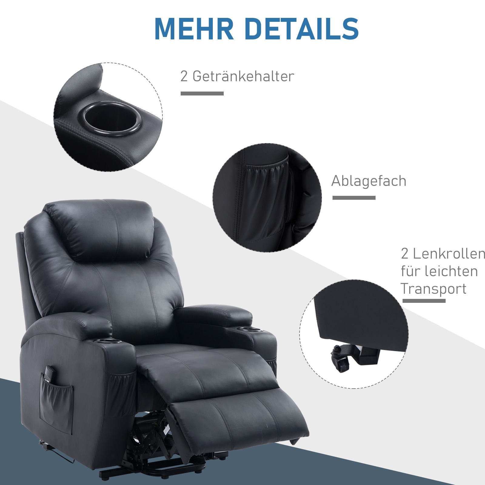 HOMCOM Fernsehsessel 2-in-1-Design, Becherhalter auf beiden Seiten, Sessellift Schwarz 84 x 92 x 109 cm (BxTxH)