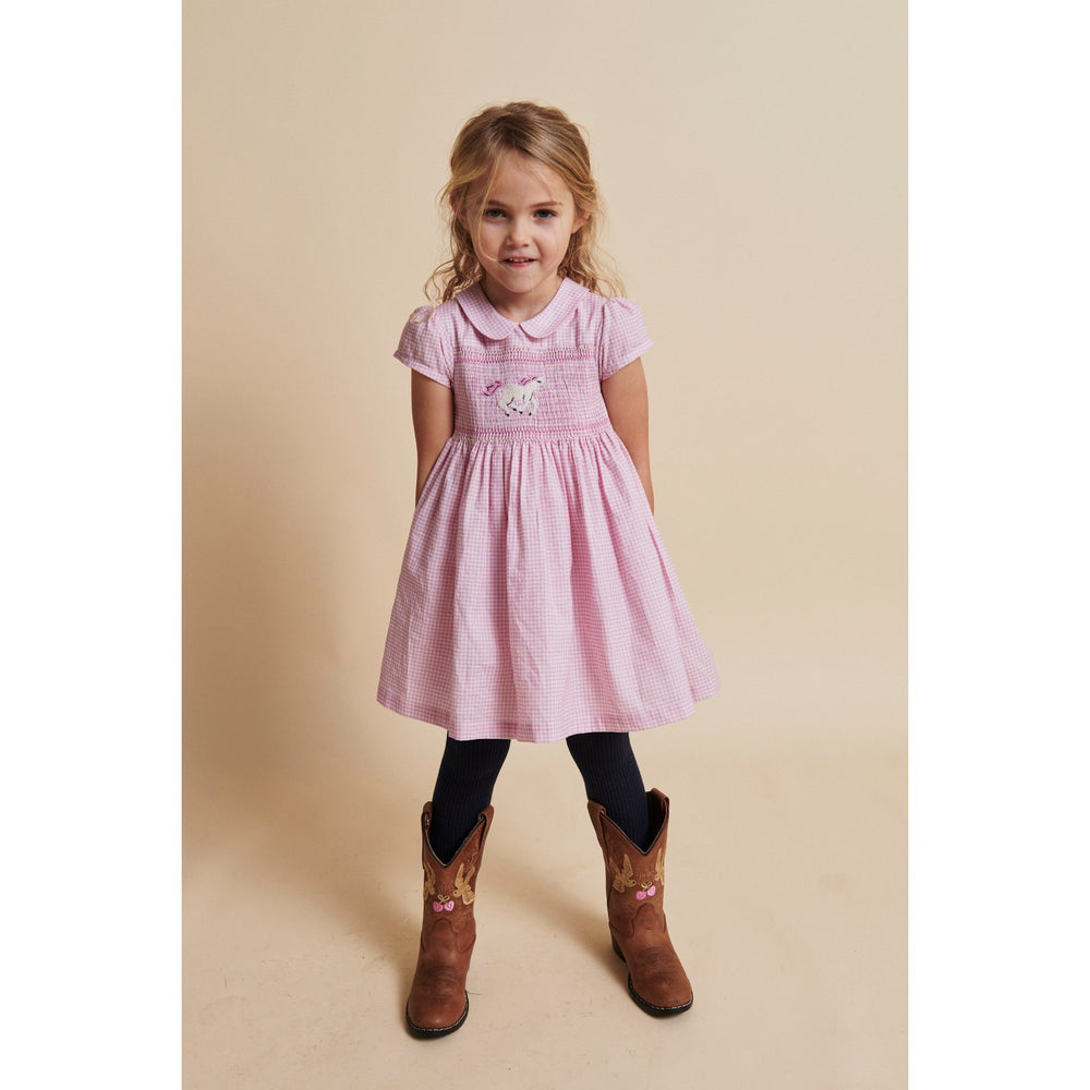 Køb COPENHAGEN COLORS Syringa Comb. Houndstooth Kjole W. Handmade Unicorn Embroidery Og Smock