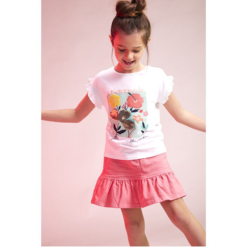 T-shirt manches courtes volantées avec print fantaisie pour fille - Blanc
