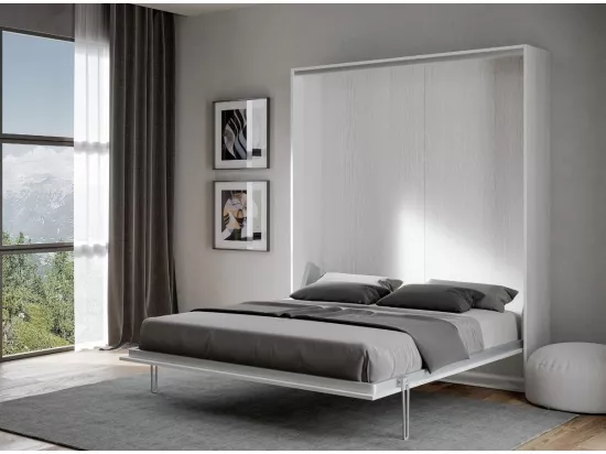 Lit escamotable vertical frêne blanc et porte orange kanto 160x190