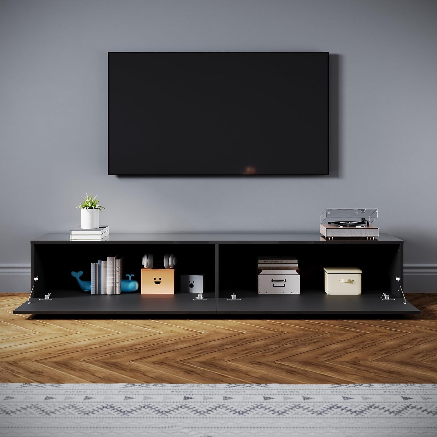 SONNI TV-Schrank Modern 180cm, Lowboard Hochglanz Schwarz Hängend/Stehend, TV-Regal mit 2 Schublade, 2 Türen, Griffloses, Fernsehtisch für Fernseher bis 65 Zoll Wohnzimmer & Schlafzimmer, 180x40x30cm.