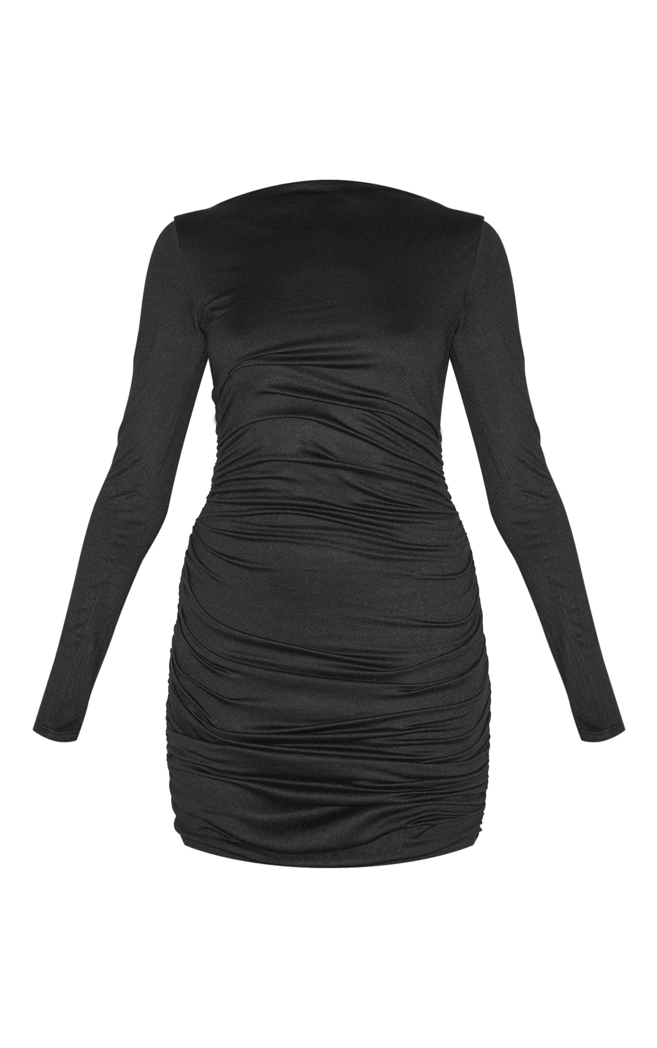 Noir Robe Moulante À Manches Longues Avec Détails Froncés Double Contour